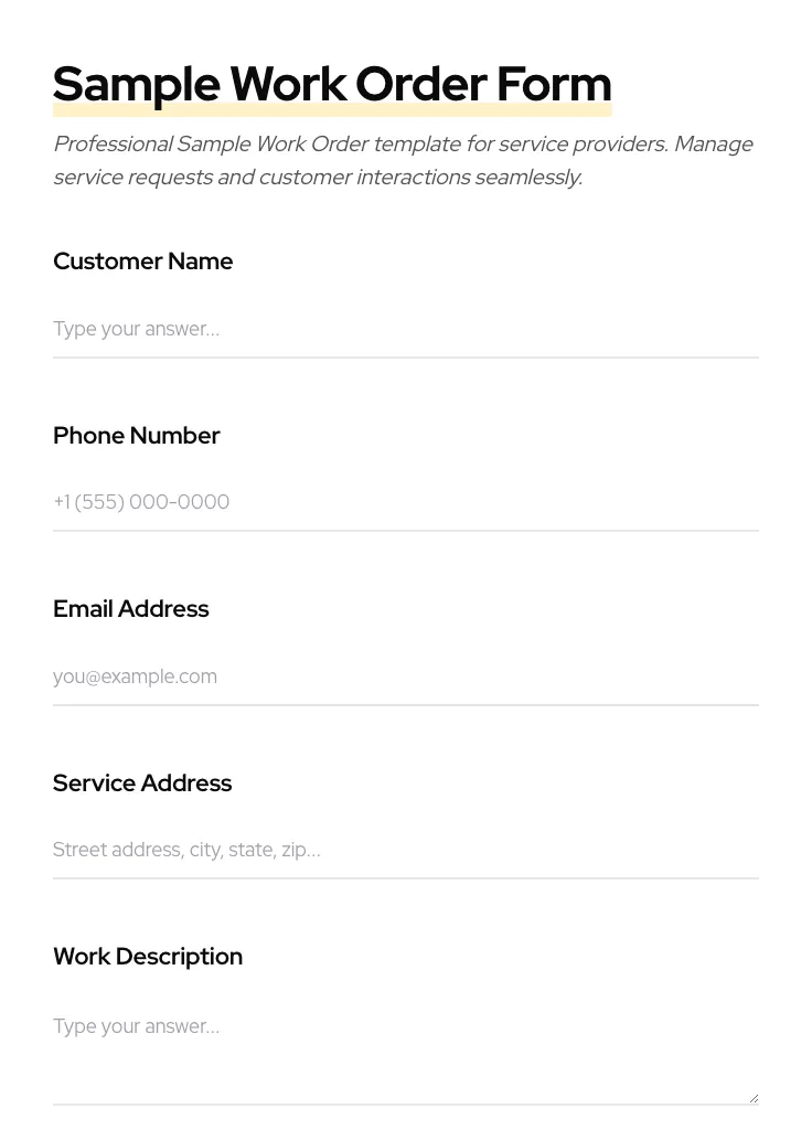 Sample Work Order preview