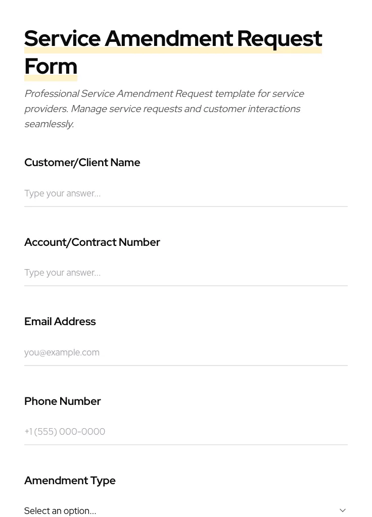 Service Amendment Request preview
