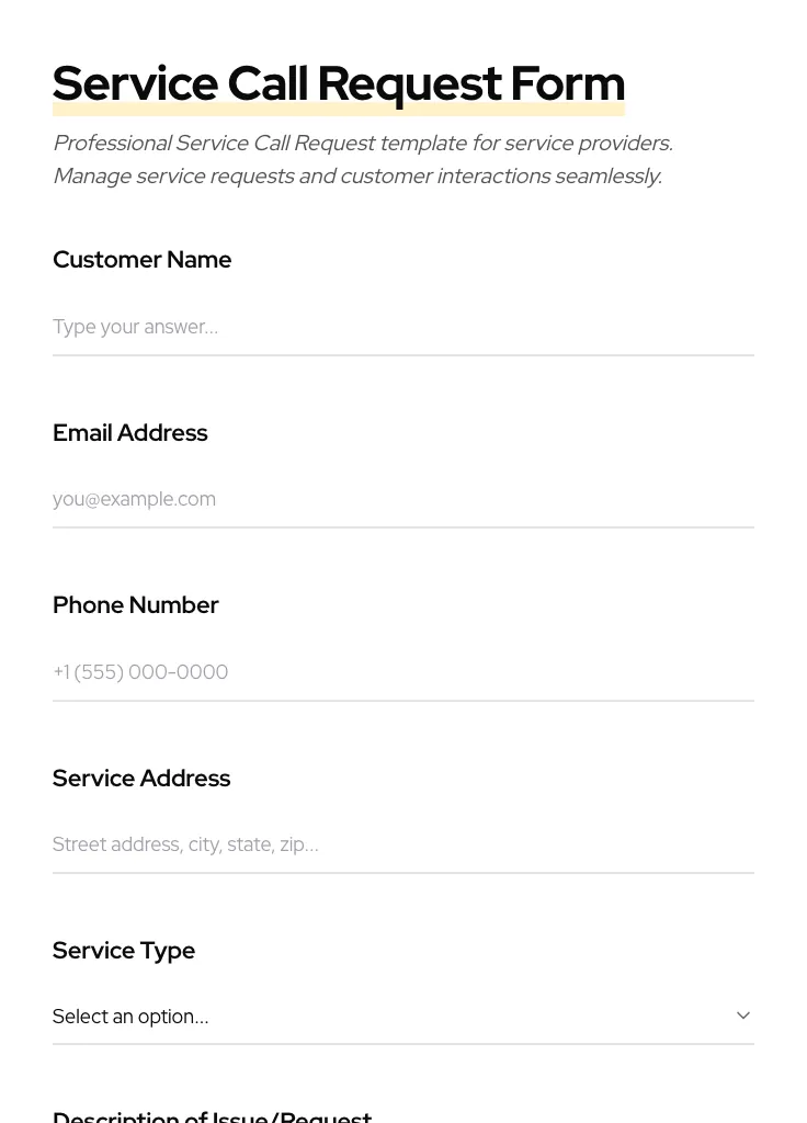Service Call Request preview