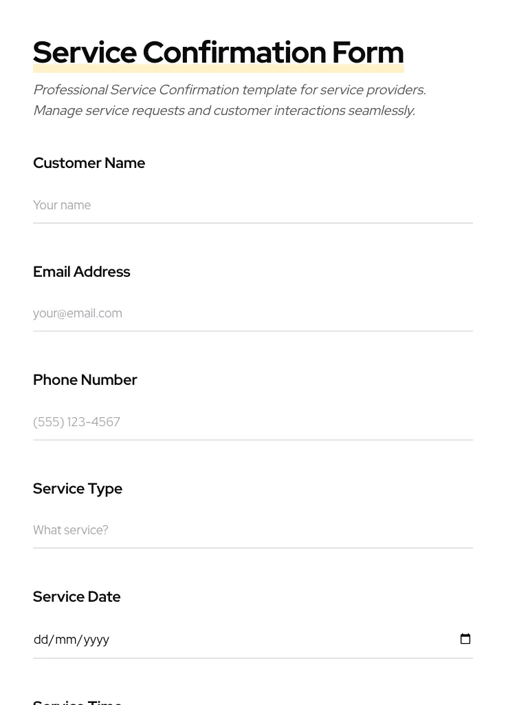 Service Confirmation preview