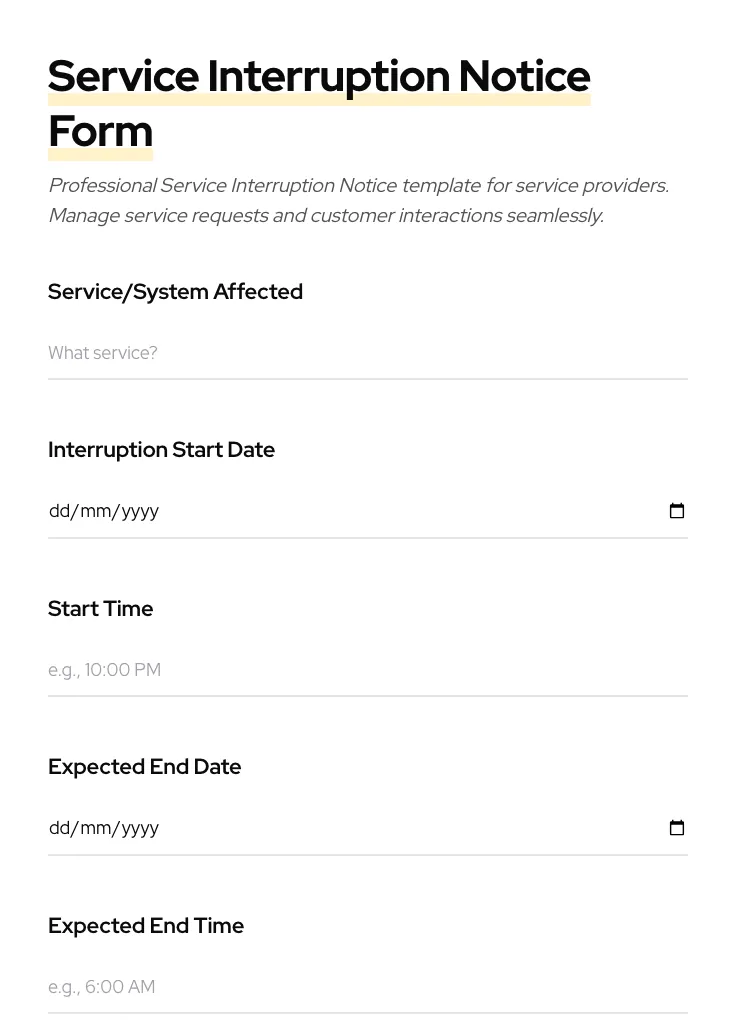 Service Interruption Notice preview