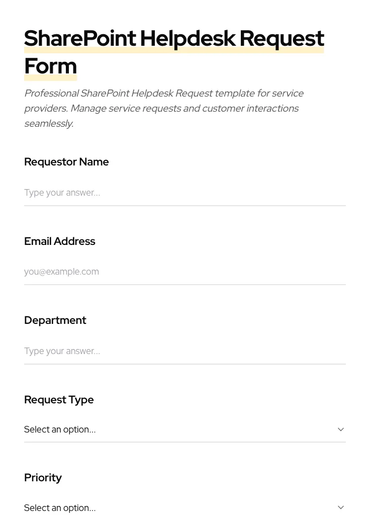SharePoint Helpdesk Request preview