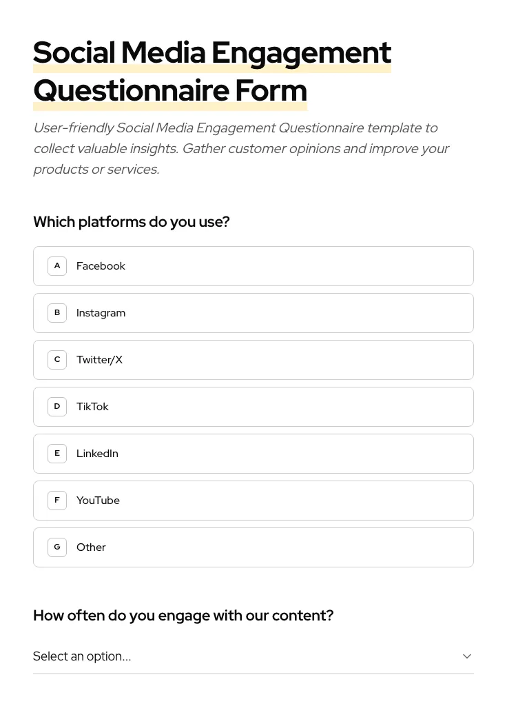 Social Media Engagement Questionnaire preview