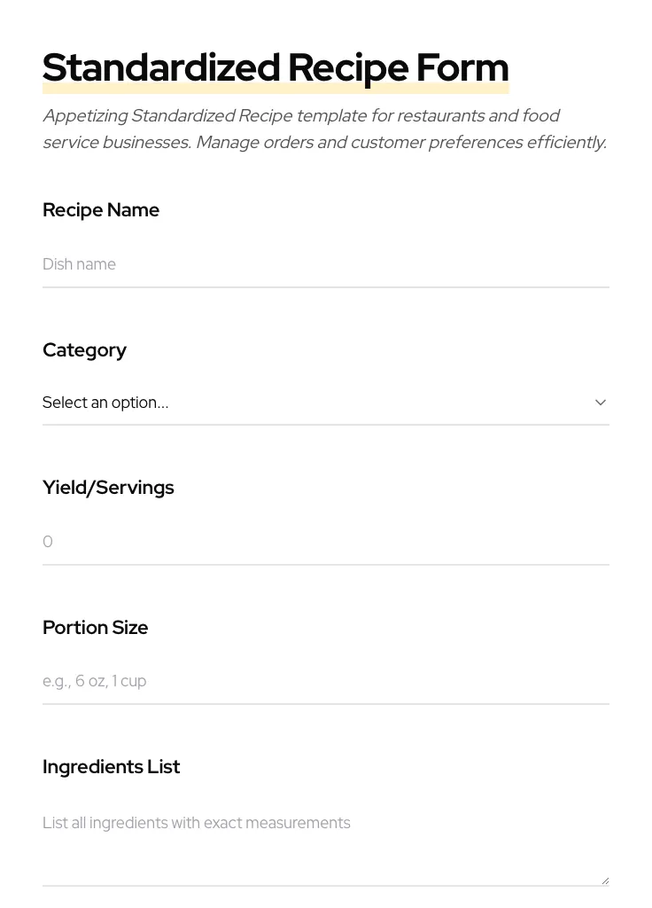 Standardized Recipe preview