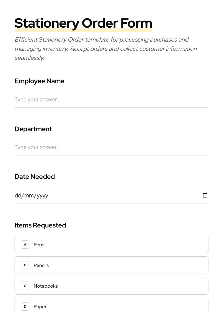 Stationery Order preview