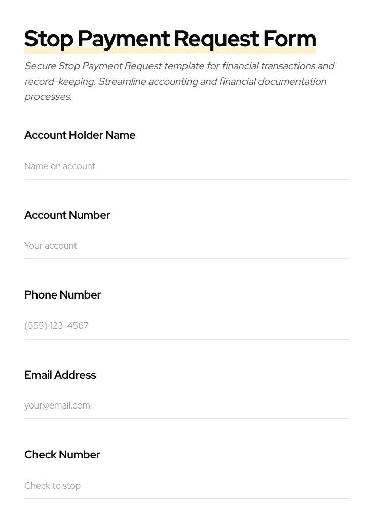 Stop Payment Request preview