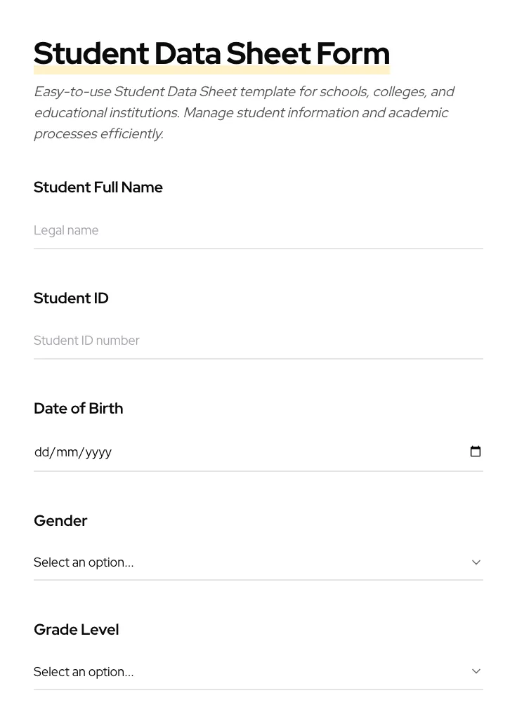 Student Data Sheet preview