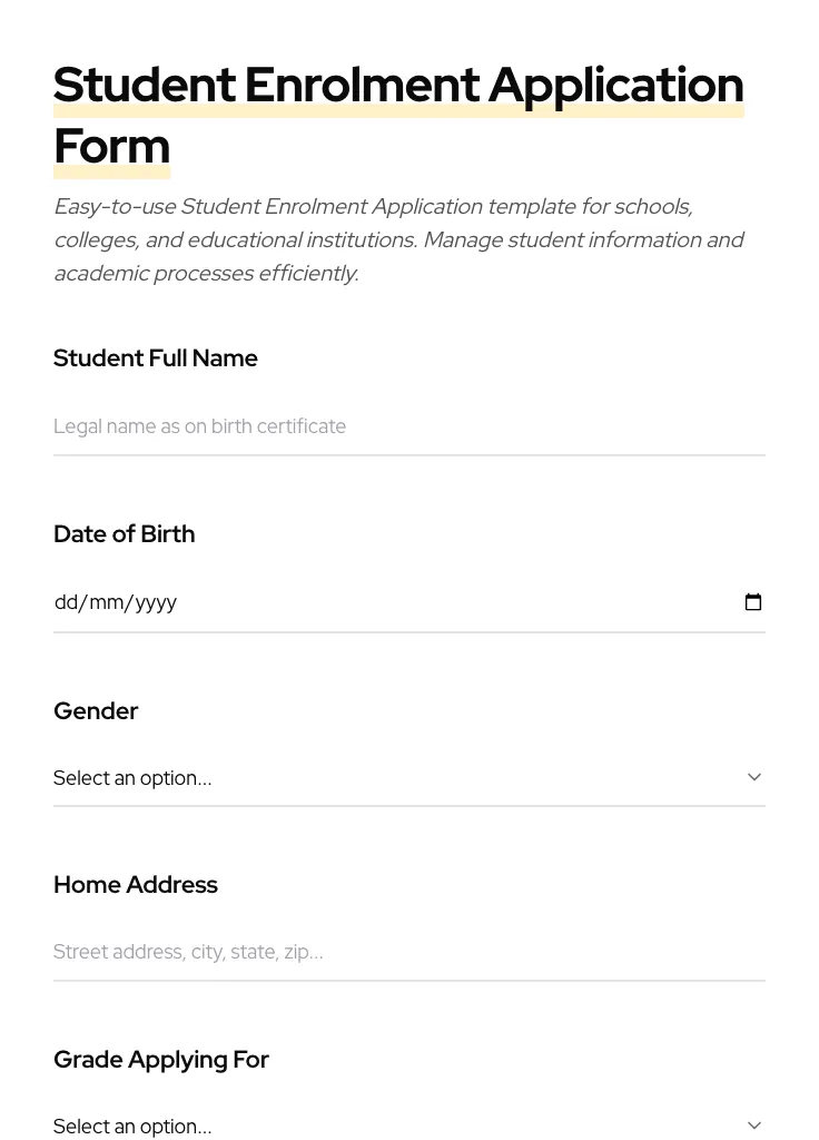 Student Enrolment Application preview
