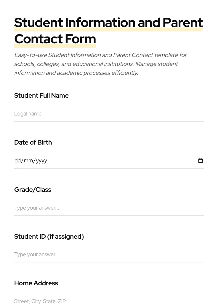 Student Information and Parent Contact preview
