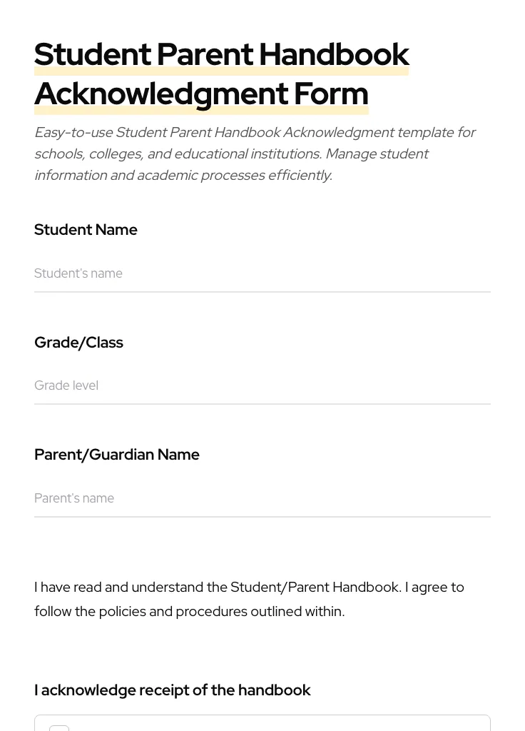 Student Parent Handbook Acknowledgment preview