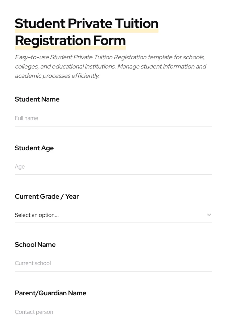 Student Private Tuition Registration preview