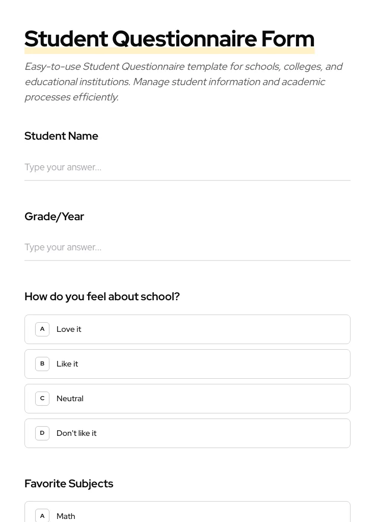 Student Questionnaire preview