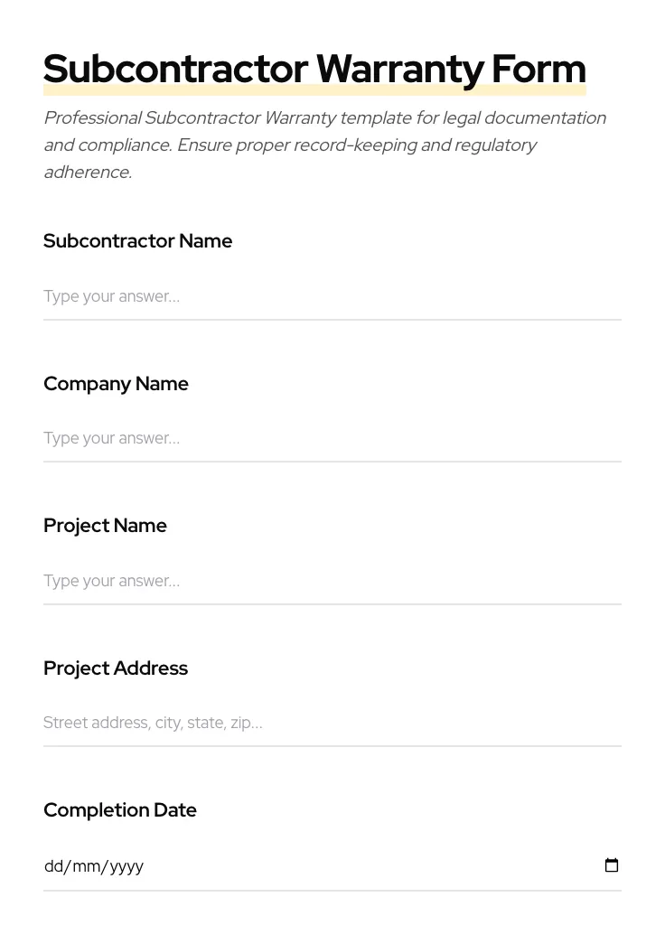 Subcontractor Warranty preview