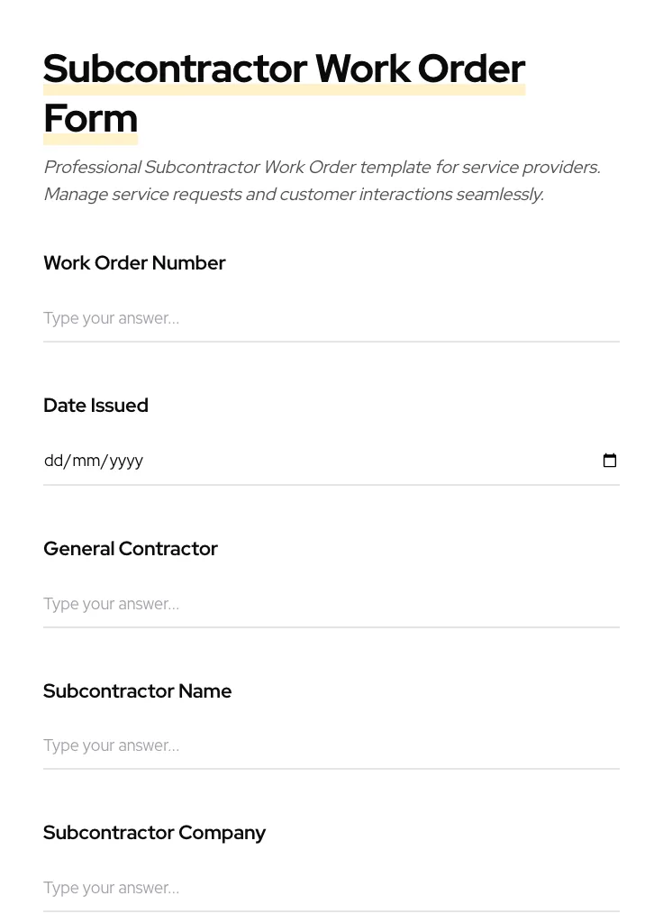 Subcontractor Work Order preview