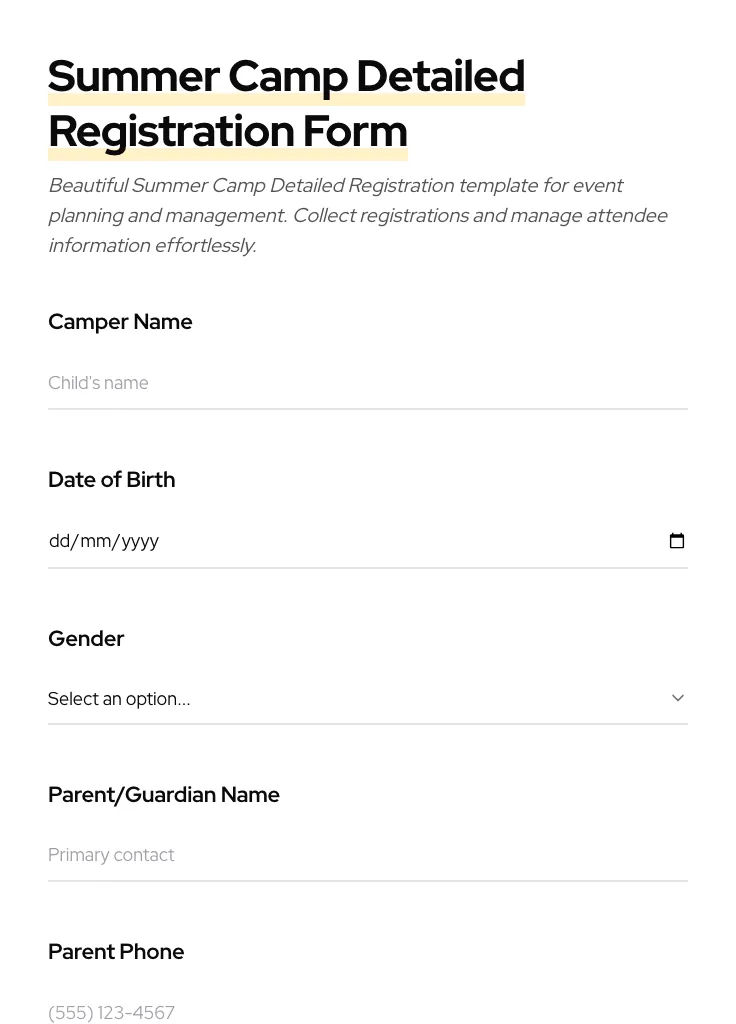 Summer Camp Detailed Registration preview