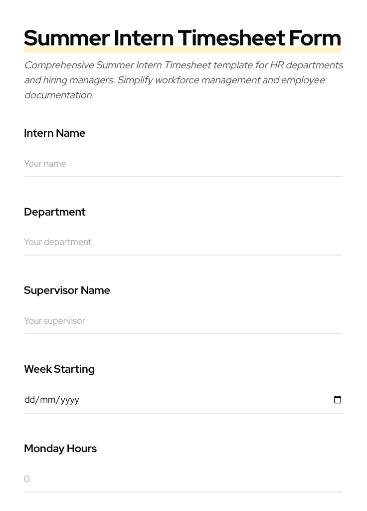 Summer Intern Timesheet preview