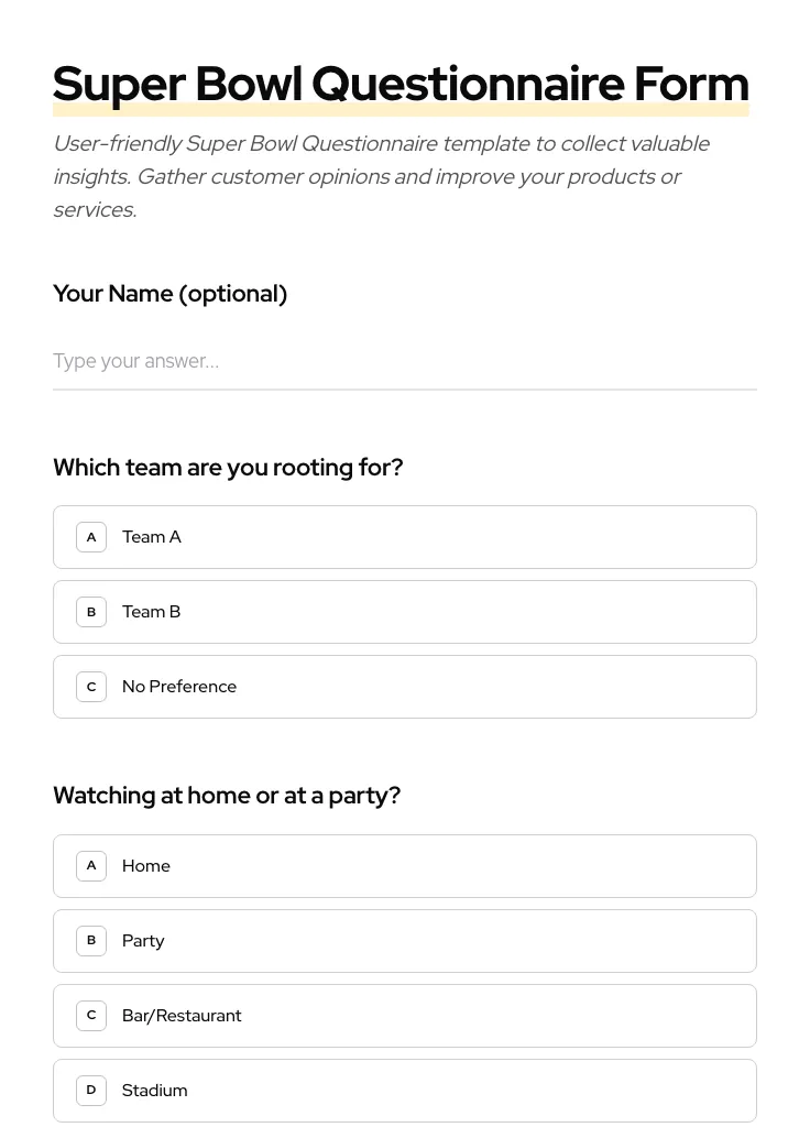 Super Bowl Questionnaire preview