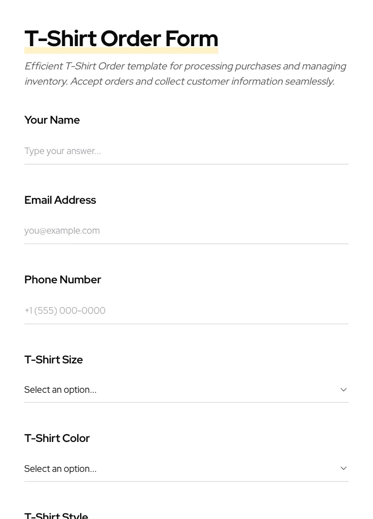 T-Shirt Order preview