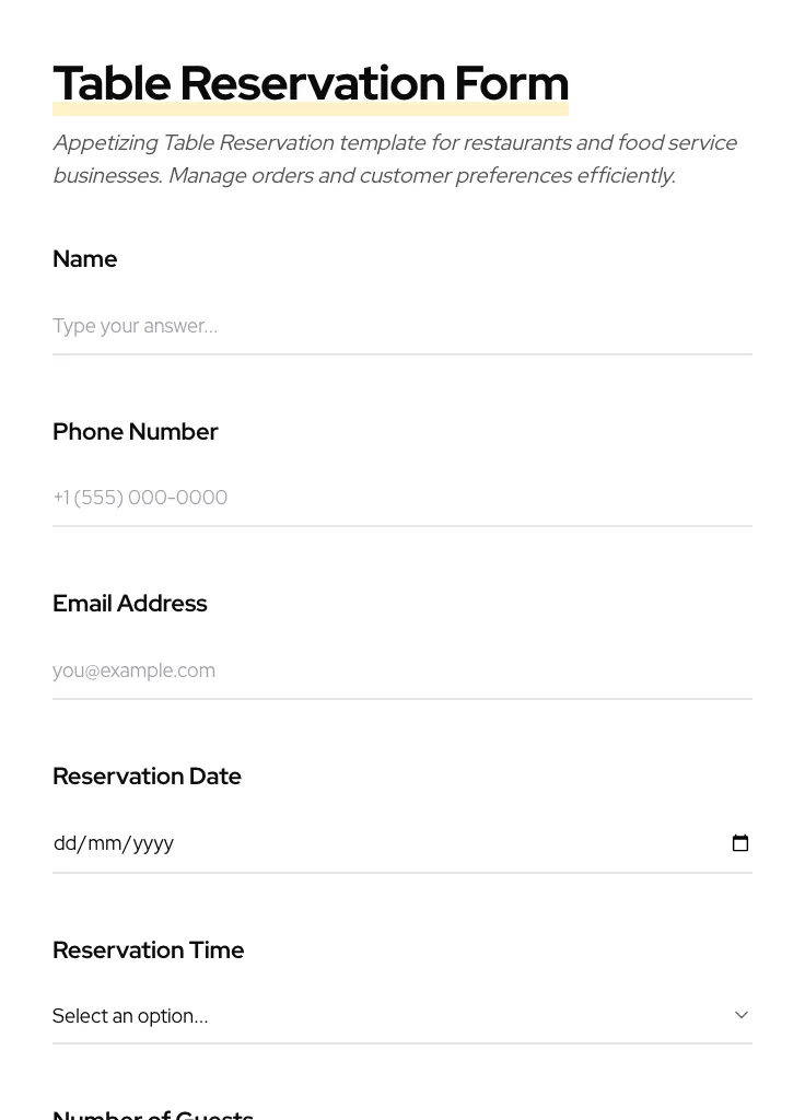 Table Reservation preview