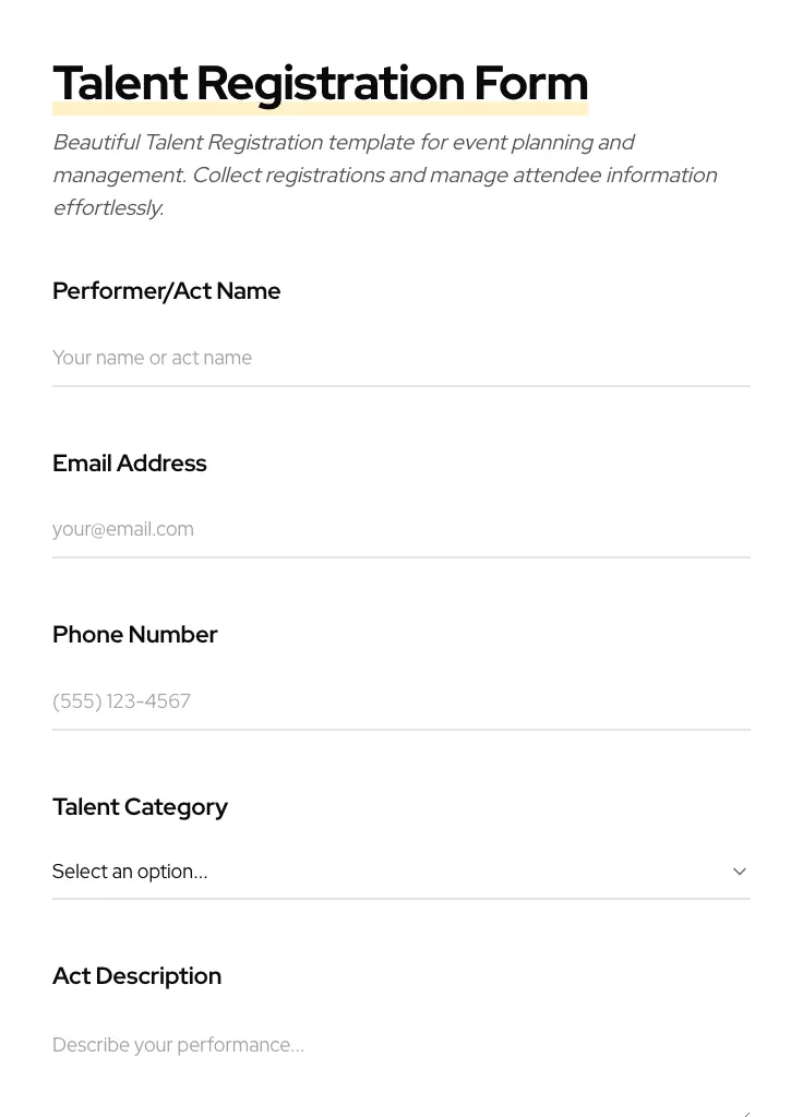 Talent Registration preview