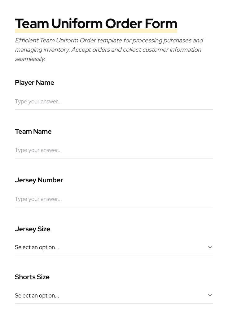 Team Uniform Order preview