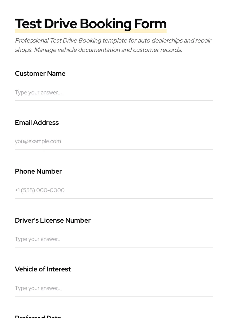 Test Drive Booking preview