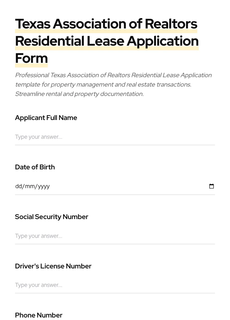 Texas Association of Realtors Residential Lease Application preview