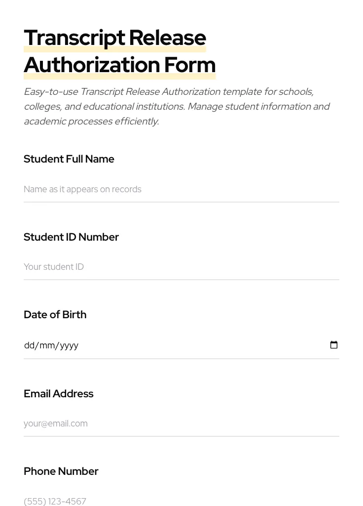 Transcript Release Authorization preview