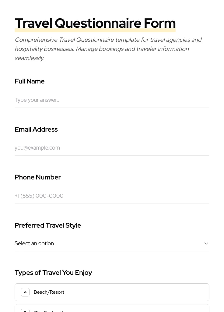 Travel Questionnaire preview