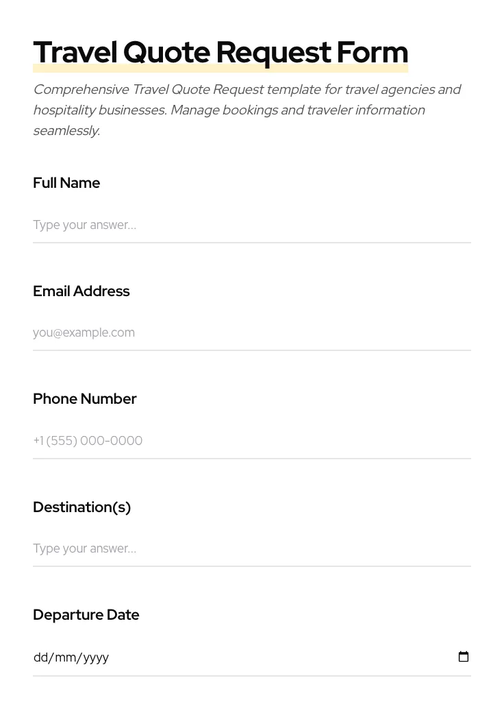 Travel Quote Request preview