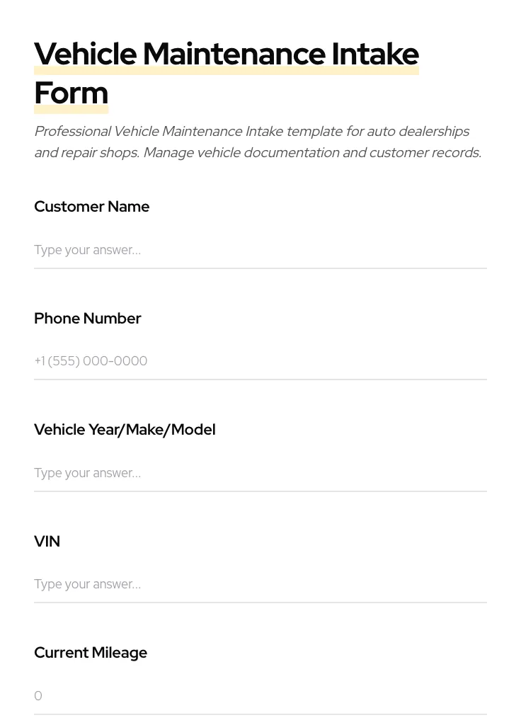 Vehicle Maintenance Intake preview
