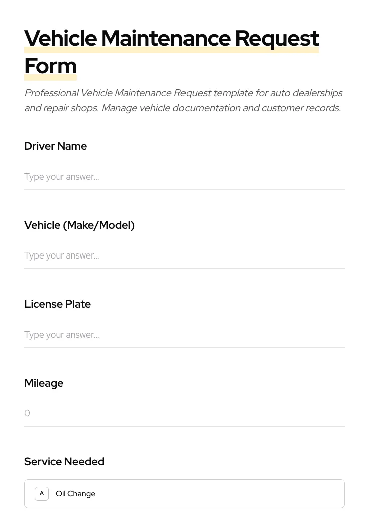 Vehicle Maintenance Request preview