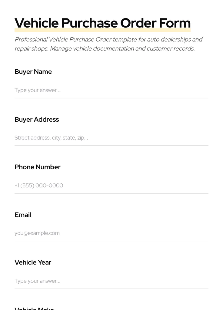 Vehicle Purchase Order preview
