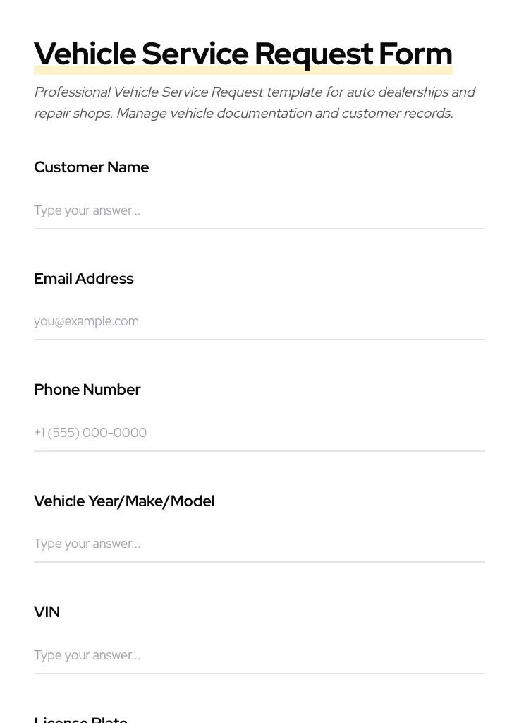 Vehicle Service Request preview