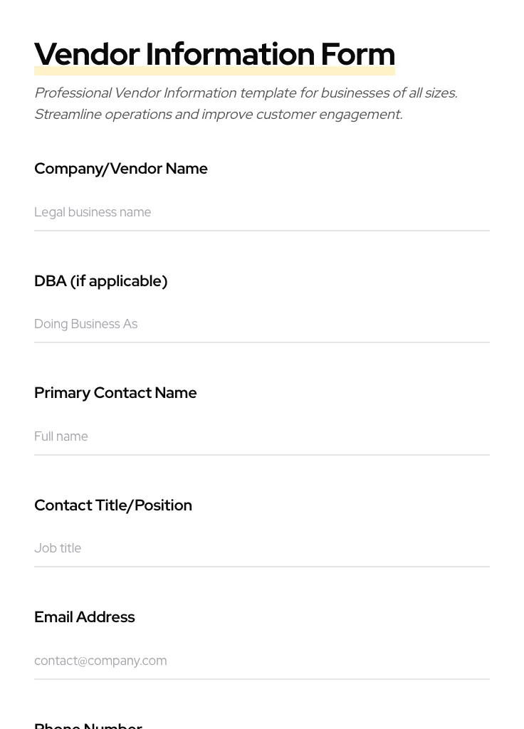 Vendor Information preview