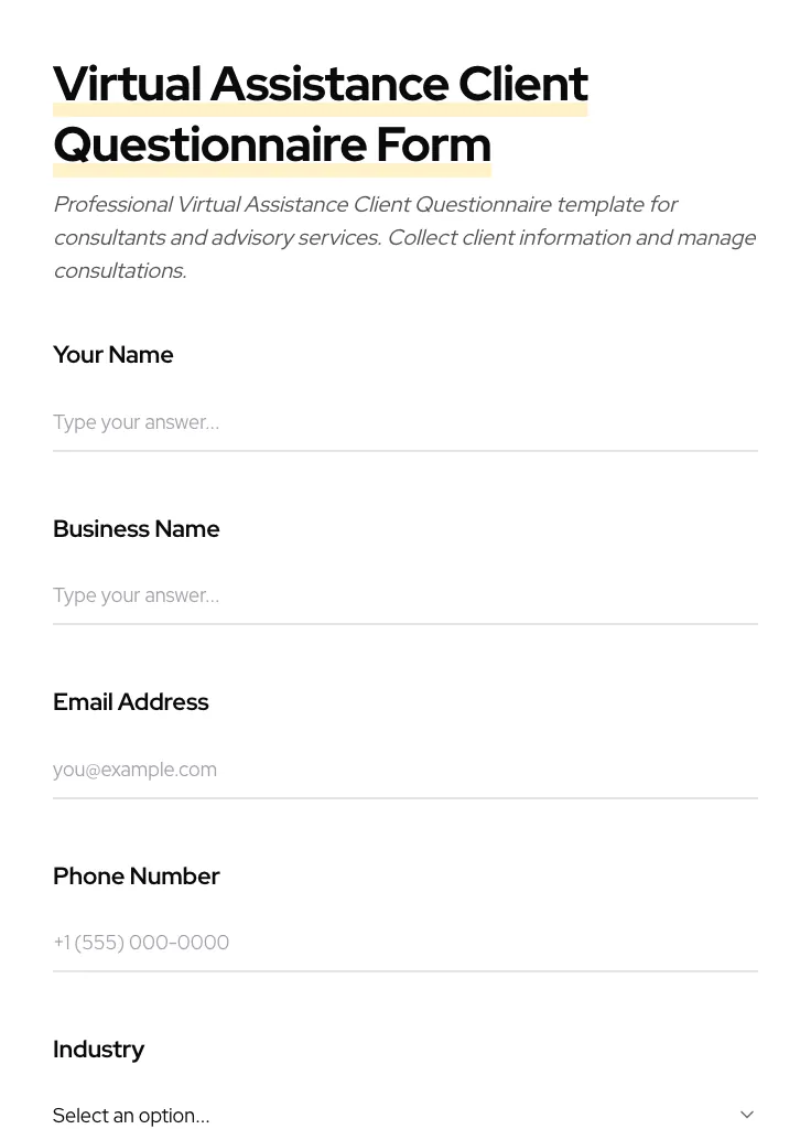 Virtual Assistance Client Questionnaire preview