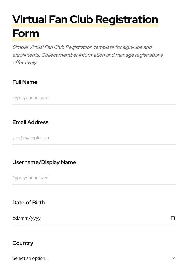 Virtual Fan Club Registration preview