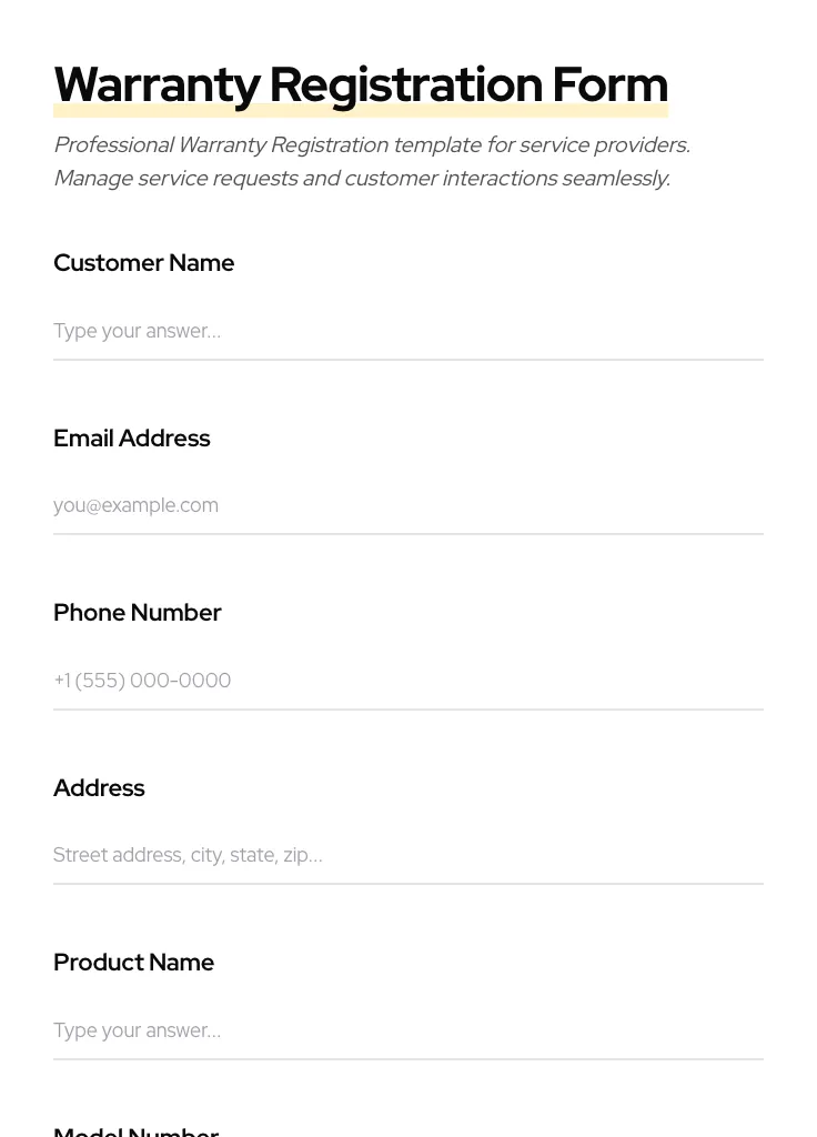 Warranty Registration preview