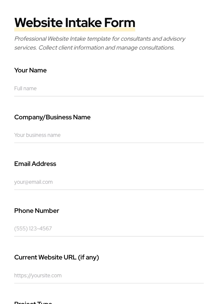 Website Intake preview