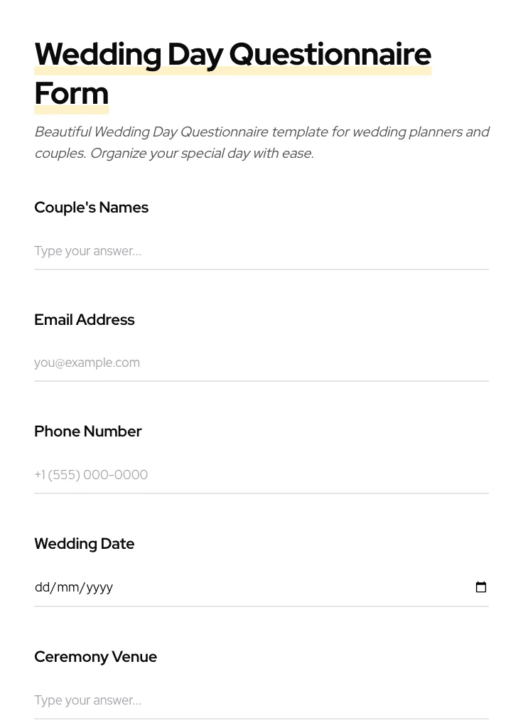 Wedding Day Questionnaire preview
