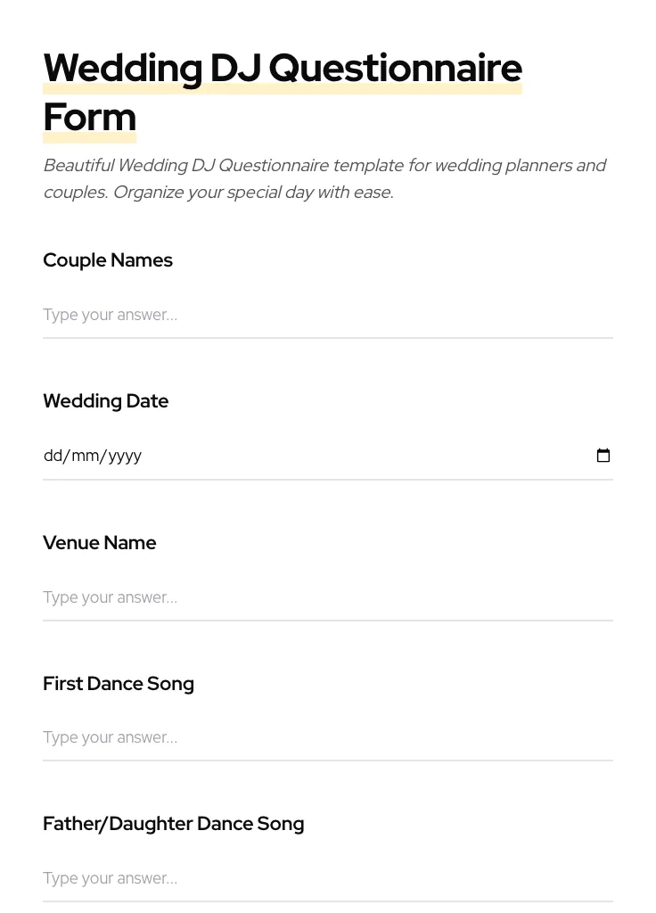 Wedding DJ Questionnaire preview