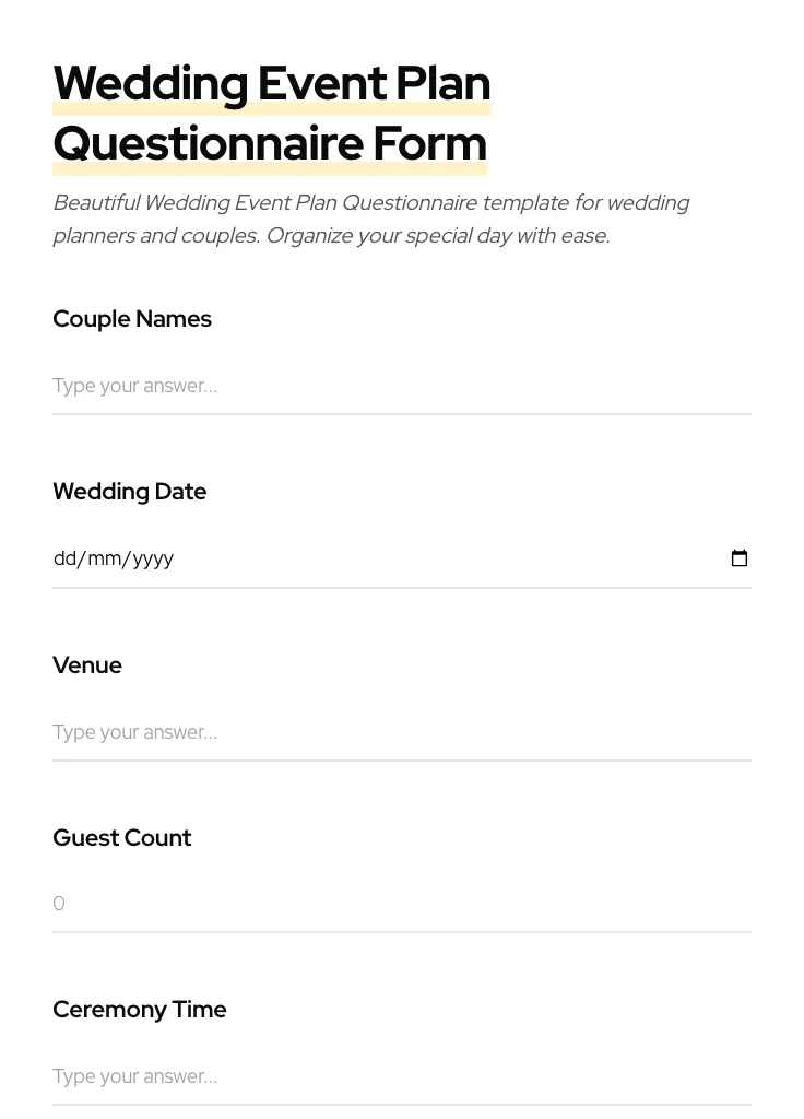 Wedding Event Plan Questionnaire preview