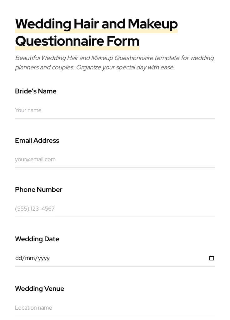 Wedding Hair and Makeup Questionnaire preview