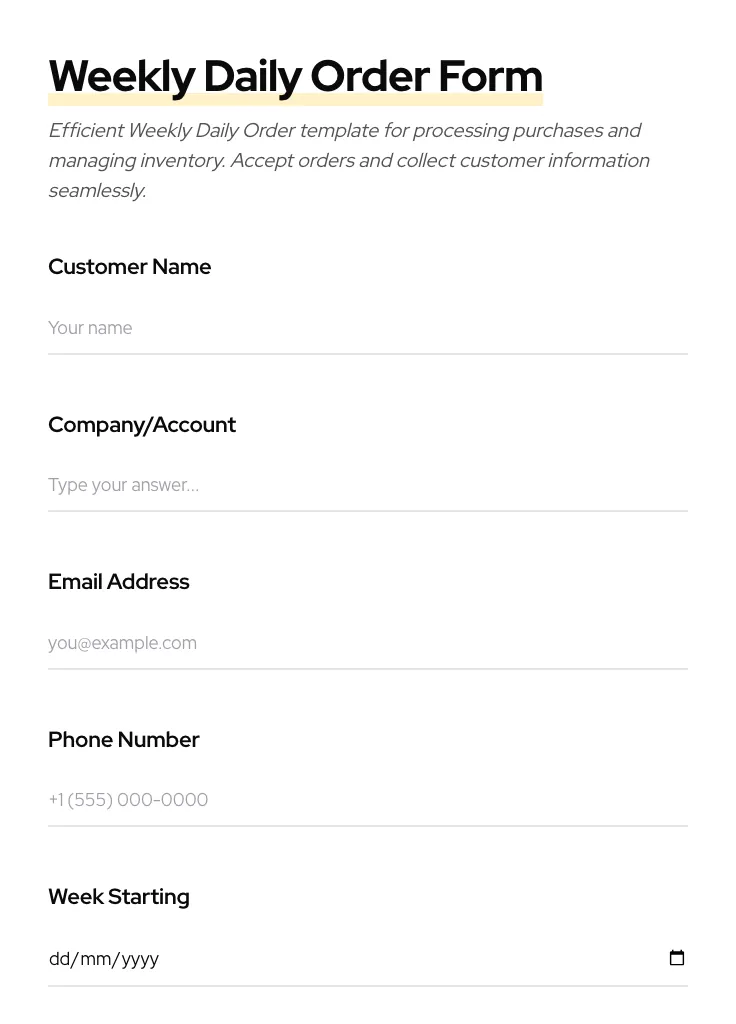 Weekly Daily Order preview