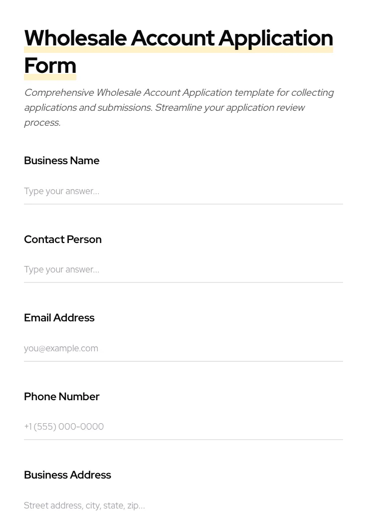 Wholesale Account Application preview