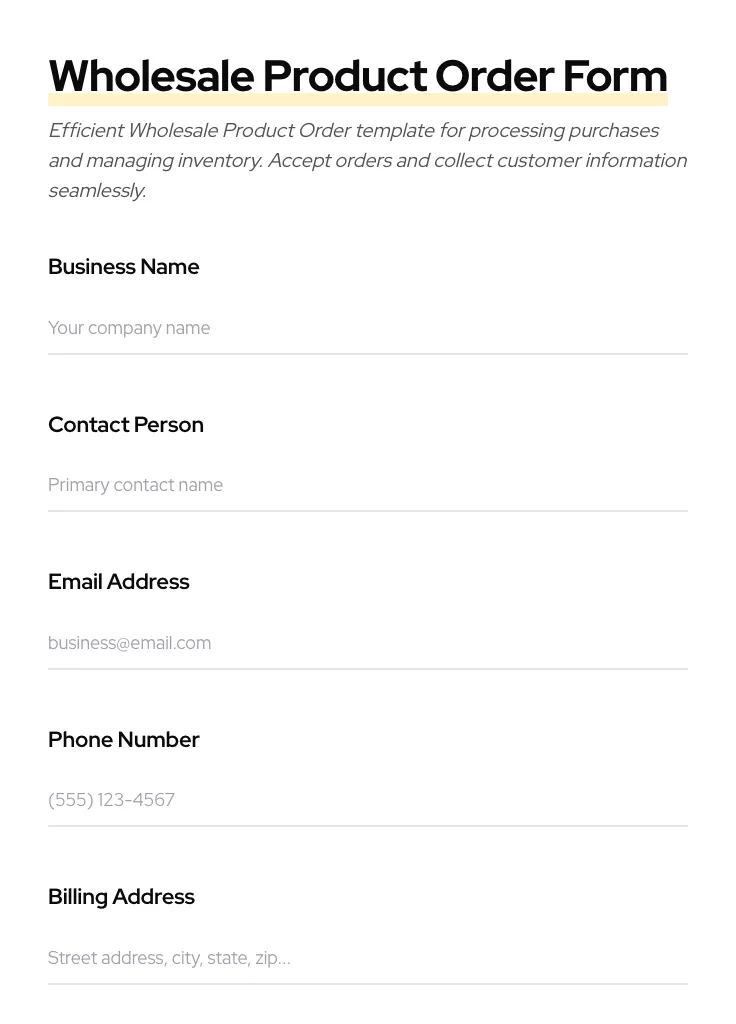 Wholesale Product Order preview