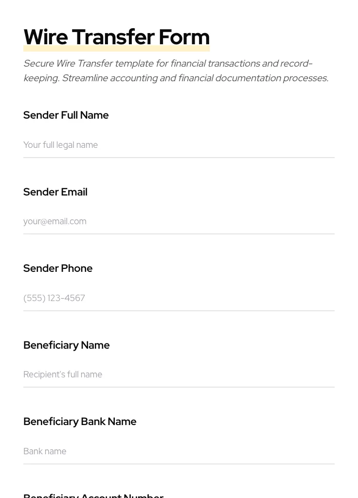 Wire Transfer preview