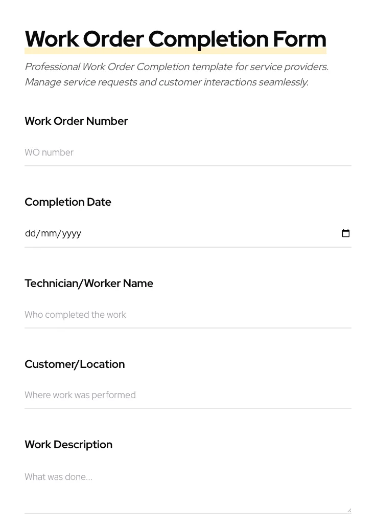 Work Order Completion preview