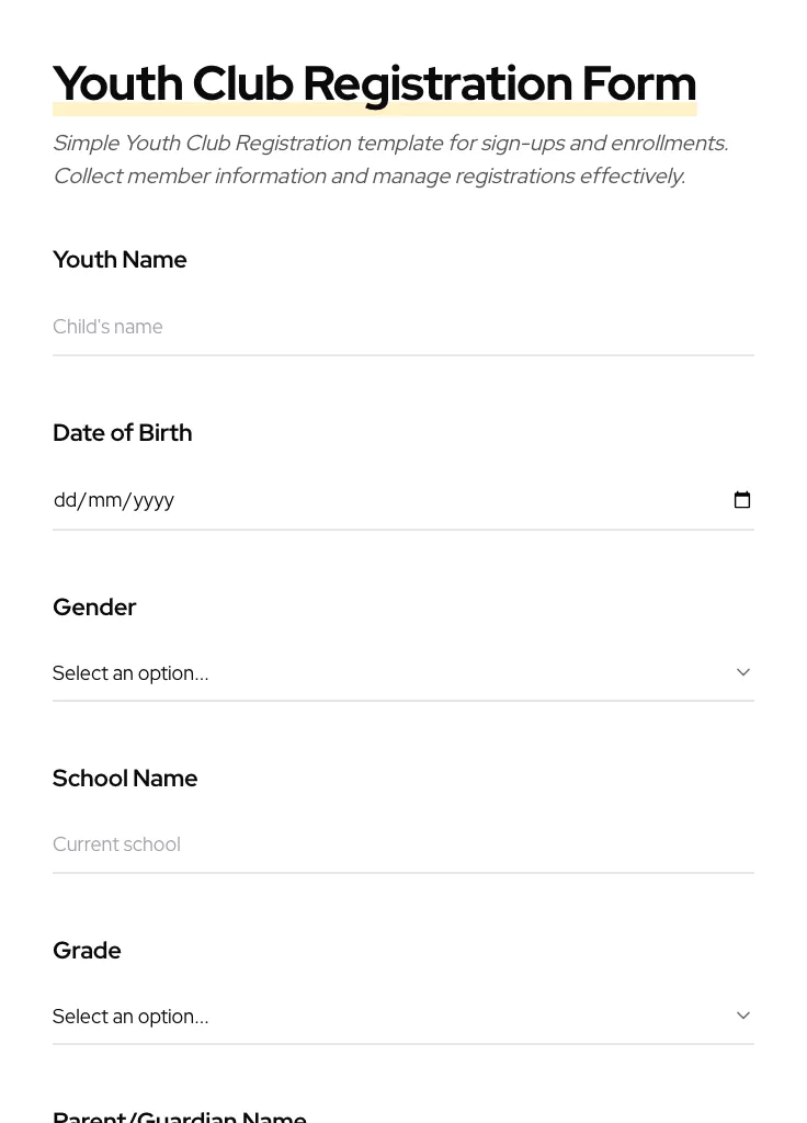Youth Club Registration preview